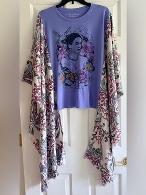 FRIDA KAHLO Custom Upcycled Graphic Tee Poncho Top Kimono Sleeve OOAK OSFM BOHO